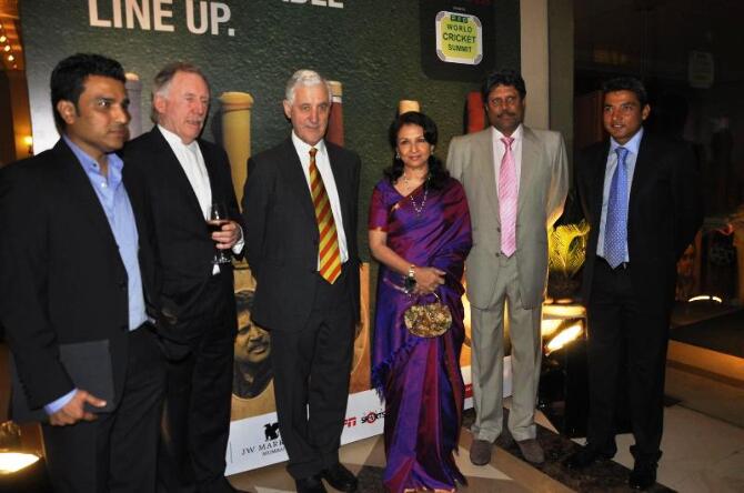 Sanjay Manjrekar, left, with Ian Chappell, Mike Brearley, Sharmila Tagore, Kapil Dev and Ajay Jadeja at the Raj Singh Dungarpur World Cricket Summit In Mumbai, December 20, 2011